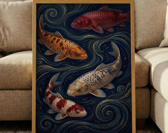 Vintage Moody Koi Fish Print – Dark Blue Water Art, Japanese Pond Poster, Gold Swirl Wall Decor, Textured Asian Art, Animal Canvas