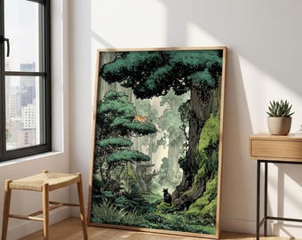 Stampa della foresta in stile Ghibli – Arte murale anime giapponese, poster del gatto nero, decorazione con gatto soriano arancione, dipinto di un bosco magico, arte della natura verde