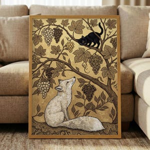 Fox And Cat Art Print – Black Cat Wall Art, Vintage Fable Poster, Woodcut Style Illustration, Gold Botanical Decor, Woodland Animal Print