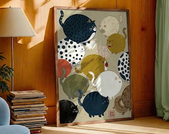 Stampa artistica di un gatto paffuto giapponese - Arte murale in stile moderno di metà secolo, divertente poster felino grassoccio, illustrazione di un animale rotondo e stravagante, regalo per amanti degli animali