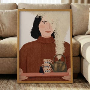 Gemütliches Katzen-und-Tee-Kunstwerk – Hygge-Wandkunst, Poster im Mid-Century-Stil, Herbstdeko, Küchenbild mit schwarzer Katze, Warmes Herbstmotiv