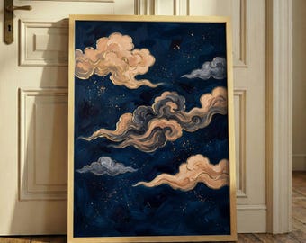 Vintage Moody Celestial Print – Gold Swirl Cloud Art, Navy Blue Sky Poster, Dark Academia Decor, Abstract Night Sky, Japanese Cloud Art
