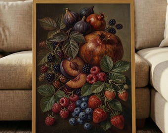 Vintage Moody Fruit Still Life Print – Dark Kitchen Wall Art, Pomegranate Painting, Gothic Dining Decor, Rustic Berry Poster, Food Art