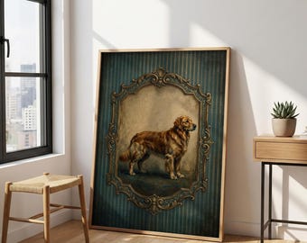 Vintage Moody Golden Retriever Print – Dark Victorian Dog Wall Art, Antique Pet Portrait, Blue Striped Poster, Classic Animal Oil Painting