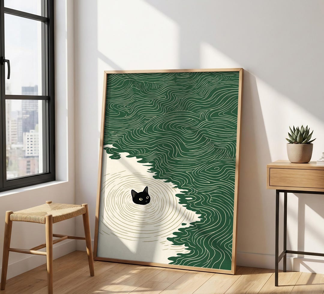 Black Cat Water Ripple Art Print, Japanese Zen Wall Decor, Funny ...
