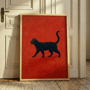 Svart katttryck från mitten av århundradet – minimalistisk gående kattkonst, retro röd abstrakt dekor, sofistikerad kattaffisch, vintage kattillustration
