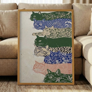 Patterned Cat Poster, Japandi Stacked Feline Print, Faux Linocut Animal Art, Eclectic Boho Wall Decor, Japanese Woodblock Style Canvas