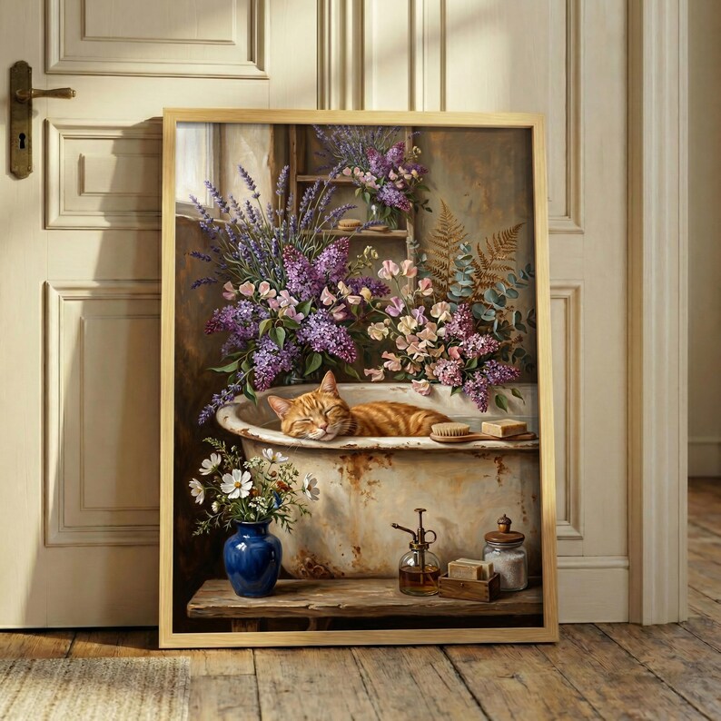 K&ouml;nnte beinhalten: Ein gerahmtes Kunstwerk zeigt eine entspannte Szene: eine rot getigerte Katze schl&auml;ft in einer Vintage-Badewanne, umgeben von Blumen. Eine blaue Vase mit wei&szlig;en Blumen, ein Holzregal und eine kleine Glasflasche sind ebenfalls zu sehen. Warme Farben dominieren.