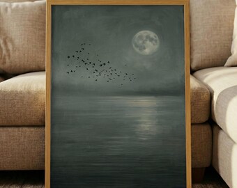 Vintage Moody Seascape Print – Dark Ocean Wall Art, Full Moon Poster, Flying Birds Canvas, Gothic Coastal Decor, Antique Marine Art