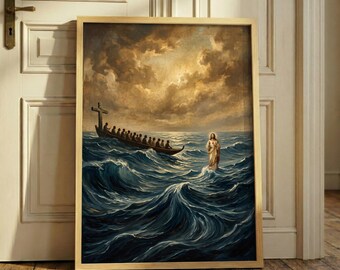 Vintage Moody Jesus Walking On Water Print – Dark Ocean Religious Art, Christian Faith Poster, Dramatic Sea Decor, Antique Bible Painting