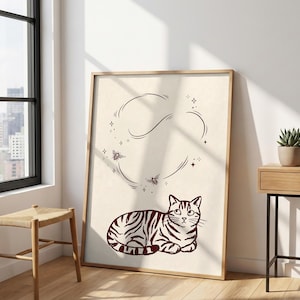 Burgundy Cat Wall Art – Minimalist Tabby Print, Whimsical Feline Poster, Cat And Bee Illustration, Modern Home Office Decor, Simple Cat Art