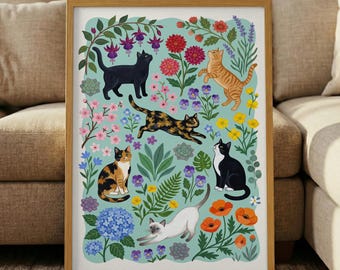 Cats In Garden Print – Floral Cat Wall Art, Botanical Feline Poster, Whimsical Nursery Decor, Cute Cat Lover Gift, Colorful Pet Art