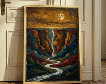 Vintage Moody Canyon Landscape Print – Impasto Oil River Art, Golden Moon Wall Decor, Rustic Nature Canvas, Dramatic Mountain Poster