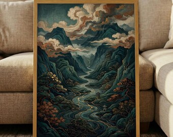 Vintage Moody Japanese Landscape Print – Teal Mountain Wall Art, Dark Asian River Poster, Gold Accent Decor, Ukiyoe Inspired Nature Print