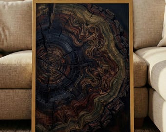 Vintage Moody Tree Ring Print – Dark Wood Slice Art, Rustic Lodge Decor, Abstract Earthy Poster, Masculine Wall Art, Nature Painting