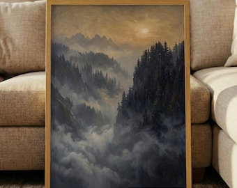 Vintage Moody Mountain Landscape Print – Dark Foggy Forest Wall Art, Rustic Pine Tree Poster, Moody Nature Decor, Alpine Scenery
