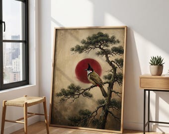 Vintage Moody Japanese Bird Print – Red Sun Wall Art, Minimalist Nature Canvas, Pine Branch Poster, Asian Decor, Antique Bird Art
