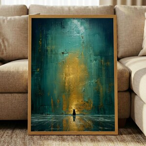 May include: Abstract art print in a wooden frame. The artwork features a textured teal and gold background with a small black silhouette of a cat. The cat's reflection is visible on the floor. The artwork is displayed on a beige sofa.