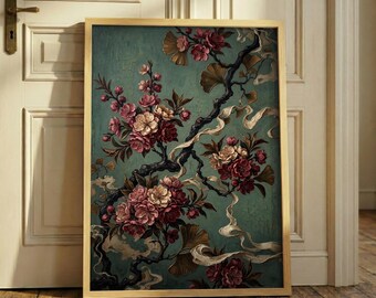 Vintage Moody Floral Print – Ginkgo Leaf Wall Art, Cherry Blossom Poster, Sage Green Room Decor, Japanese Botanical Art, Moody Flower