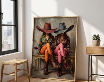 Vintage Moody Cowgirl Art Print – Western Fashion Wall Art, Trendy Wine Poster, Retro Boot Decor, Bar Cart Print, Coastal Cowgirl Art