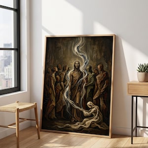May include: A framed vertical wall art print depicting a central figure standing amidst a group of stylized, abstract human forms. Swirling, ethereal white and blue light emanates from the center, flowing toward a kneeling figure in the foreground.