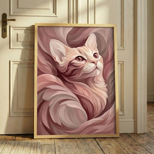 Pink Floral Cat Print – Abstract Feline Wall Art, Contemporary Bedroom Decor, Flowing Flower Poster, Blush Pink Pet Art, Flower Cat Decor