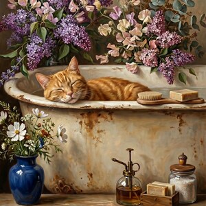 K&ouml;nnte beinhalten: Eine orangefarbene Tabby-Katze schl&auml;ft friedlich in einer Vintage-Badewanne, umgeben von lila und rosa Blumen. Eine Holzb&uuml;rste und Seife liegen daneben. Eine blaue Vase enth&auml;lt wei&szlig;e Blumen. Eine Glasflasche und eine Holzkiste sind ebenfalls vorhanden.