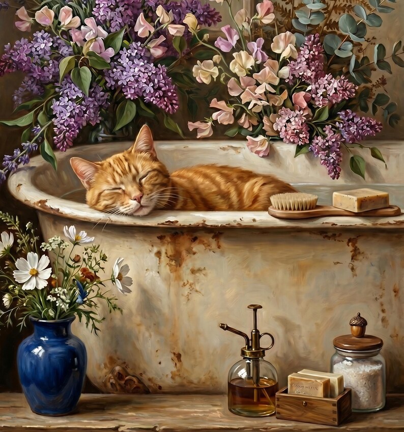 K&ouml;nnte beinhalten: Eine orangefarbene Tabby-Katze schl&auml;ft friedlich in einer Vintage-Badewanne, umgeben von lila und rosa Blumen. Eine Holzb&uuml;rste und Seife liegen daneben. Eine blaue Vase enth&auml;lt wei&szlig;e Blumen. Eine Glasflasche und eine Holzkiste sind ebenfalls vorhanden.
