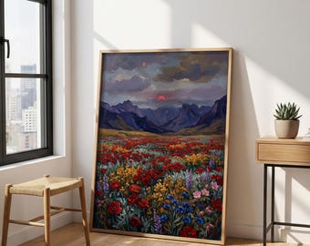 Vintage Moody Poppy Field Print – Dark Mountain Landscape Art, Wildflower Meadow Poster, Rustic Floral Decor, Red Sunset Painting