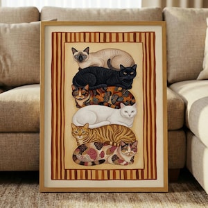 Konsttryck med staplade katter - Mönstrad kattposter, folkkonst djurväggdekor, eklektiskt randig kanttryck, udda present till kattälskare