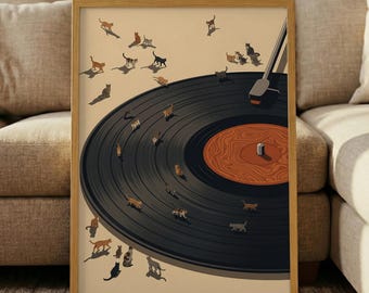 Stampa "Gatti su disco in vinile" - Arte murale retrò a tema musicale, poster minimalista con gatti, decorazione vintage con giradischi, tela originale con animali domestici, regalo per amanti della musica
