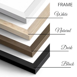 Pu&ograve; includere: Una selezione di cornici per foto in bianco, naturale, scuro e nero. La parola &laquo;FRAME&raquo; &egrave; in alto, con i colori delle cornici etichettati sotto: Bianco, Naturale, Scuro e Nero. Le cornici sono mostrate ad angolo, rivelando il loro spessore.