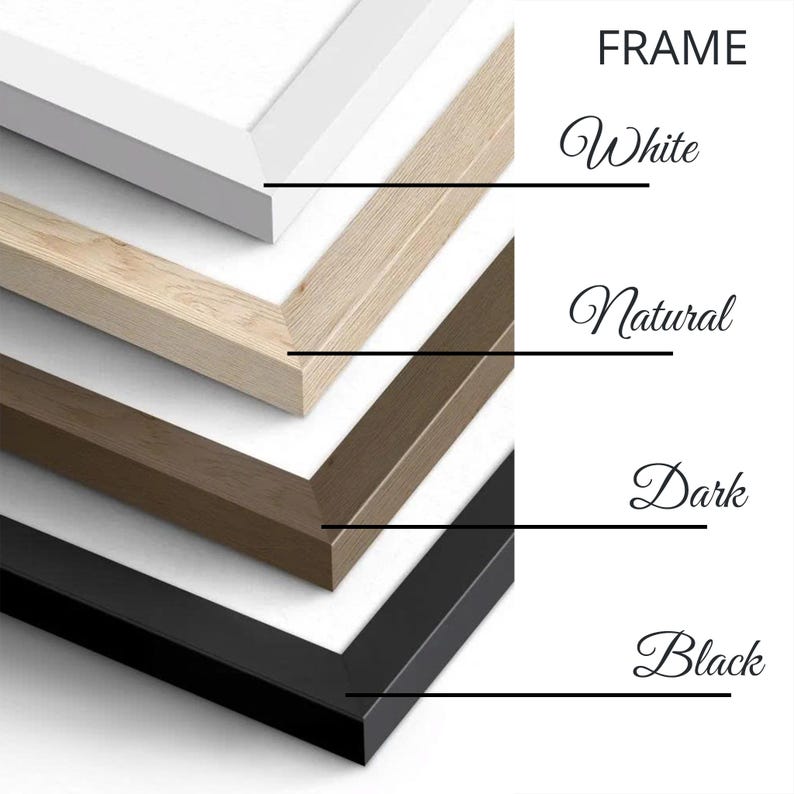Pu&ograve; includere: Una selezione di cornici per foto in bianco, naturale, scuro e nero. La parola &laquo;FRAME&raquo; &egrave; in alto, con i colori delle cornici etichettati sotto: Bianco, Naturale, Scuro e Nero. Le cornici sono mostrate ad angolo, rivelando il loro spessore.