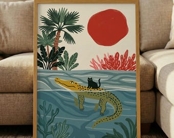 Stampa di gatto tropicale – Coccodrillo e gatto nero, quadro da parete, poster stravagante della giungla, decorazione animale di metà secolo, divertente arte felina, scena fluviale
