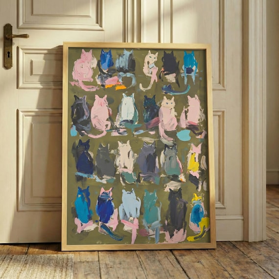 Abstract Cat Print – Expressionist Wall Art, Modern Feline Poster, Olive Green Decor, Colorful Cat Painting, Quirky Animal Print
