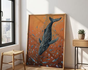 Vintage Moody Whale Print – Dark Nautical Wall Art, Ocean Animal Poster, Moody Marine Decor, Orange Sea Illustration, Deep Water Art