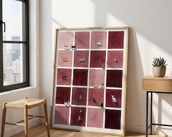 Stampa artistica a griglia con gatti color bordeaux - Poster felino in stile moderno di metà secolo, decorazione murale minimalista a scacchiera, gattini astratti, regalo per amanti degli animali