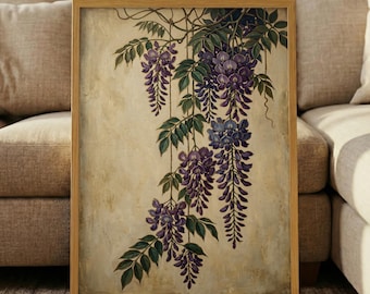 Vintage Moody Wisteria Print – Purple Floral Wall Art, Gold Accent Botanical Poster, Textured Asian Floral Decor, Dark Academia Painting