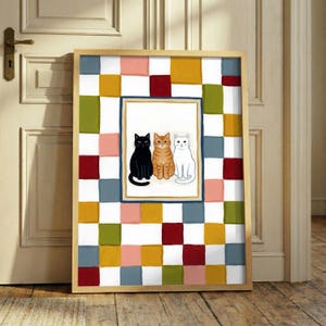Checkered Cat Print – Retro Pet Wall Art, Three Cats Poster, Colorful Square Decor, Quirky Animal Illustration, Mid Century Feline Art