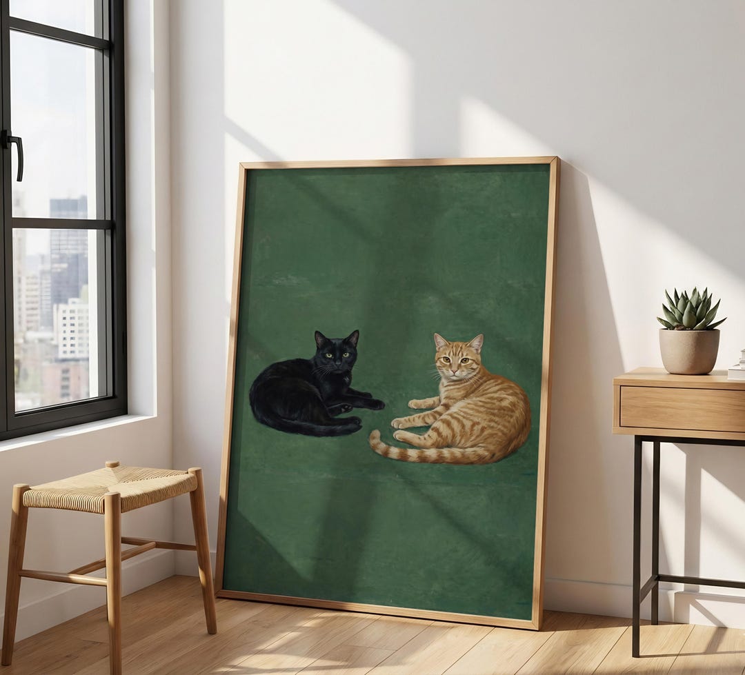 Emerald Green Cat Print – Vintage Two Cats Painting, Black Cat and ...
