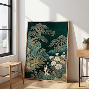 May include: A framed art print featuring an Asian-inspired landscape with a dark green background. The artwork depicts stylized trees, mountains, and flowers in shades of green, gold, and white. A calico cat sits in the foreground.
