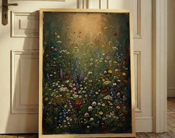 Vintage Moody Wildflower Print – Dark Botanical Wall Art, Textured Floral Poster, Antique Meadow Painting, Moody Cottagecore Decor