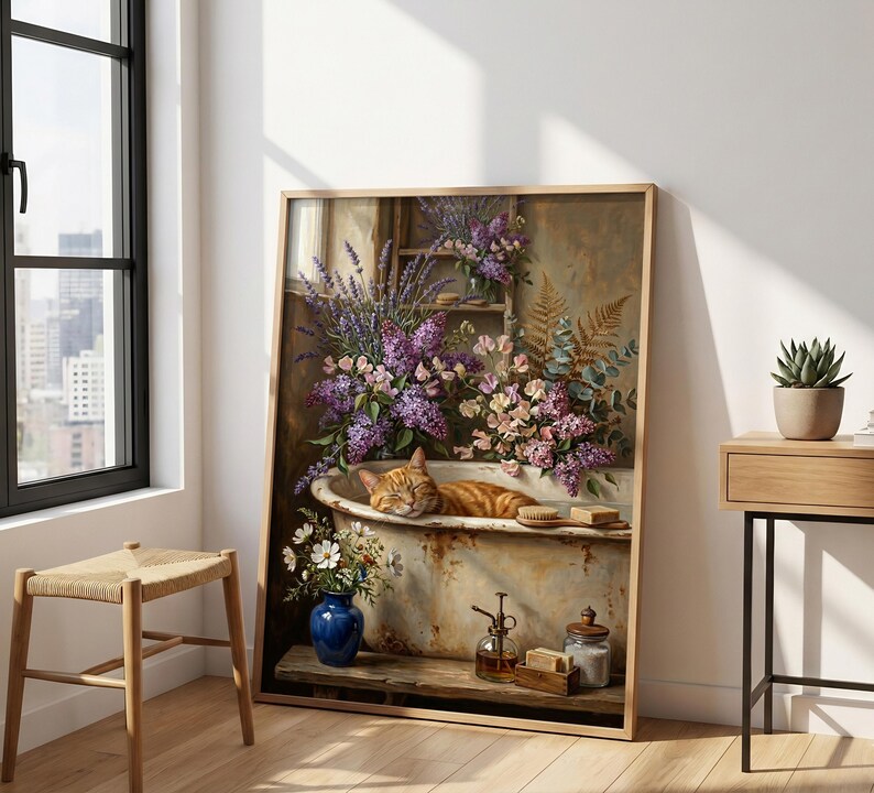 K&ouml;nnte beinhalten: Ein gerahmtes Kunstwerk zeigt eine rot getigerte Katze in einer Vintage-Badewanne, umgeben von Blumen. Das Gem&auml;lde hat eine rustikale &Auml;sthetik mit Holzrahmen, einer blauen Vase und einem kleinen Holzregal.