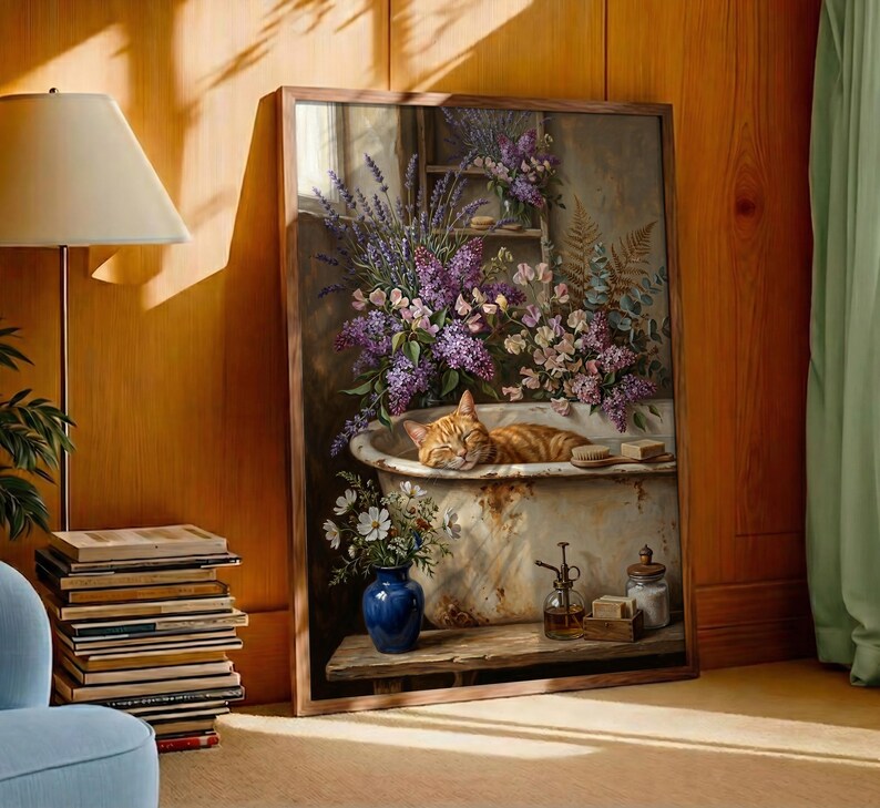 K&ouml;nnte beinhalten: Ein gerahmtes Kunstwerk zeigt eine rot getigerte Katze, die in einer Vintage-Badewanne voller Blumen schl&auml;ft. Das Gem&auml;lde hat einen Holzrahmen, eine blaue Vase und einen Stapel B&uuml;cher. Das Kunstwerk ist vor einer warmen Holzwand platziert.
