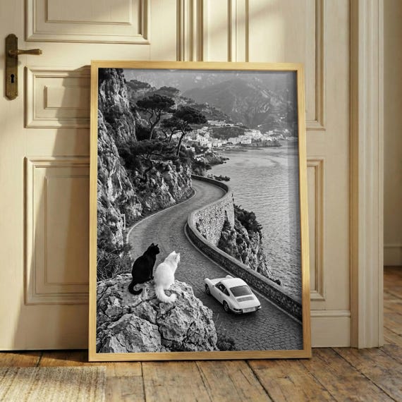 Vintage Car Cat Print – Amalfi Coast Poster, Black And White Italy Art, Old Money Aesthetic, Funny Pet Photography, Luxury Travel Decor