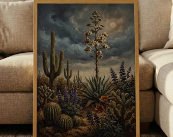 Vintage Moody Desert Landscape Print – Dark Cactus Wall Art, Western Botanical Poster, Rustic Saguaro Decor, Moody Floral Painting