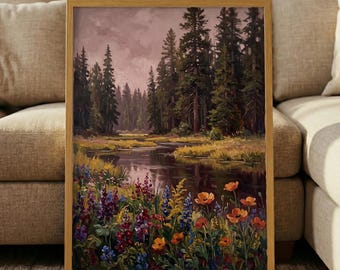 Vintage Moody River Landscape Print – Dark Forest Wildflower Art, Rustic Pine Tree Poster, Moody Nature Decor, Floral Oil Painting