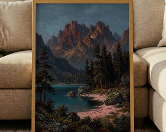 Vintage Moody Mountain Lake Print – Rustic Alpine Wall Art, Pine Tree Forest Poster, Dark Cabin Decor, Lodge Landscape, Scenery Art