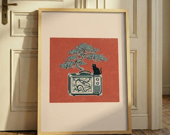 Bonsai-Kunstdruck mit schwarzer Katze – Retro-TV-Wandbild, Linolschnitt-Poster, Vintage-Fernsehdeko, Katzenkunst aus der Mitte des 20. Jahrhunderts, skurrile Pflanzenillustration