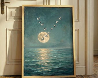 Vintage Moody Japanese Crane Print – Dark Teal Ocean Wall Art, Full Moon Sea Poster, Coastal Bird Decor, Night Sea Painting